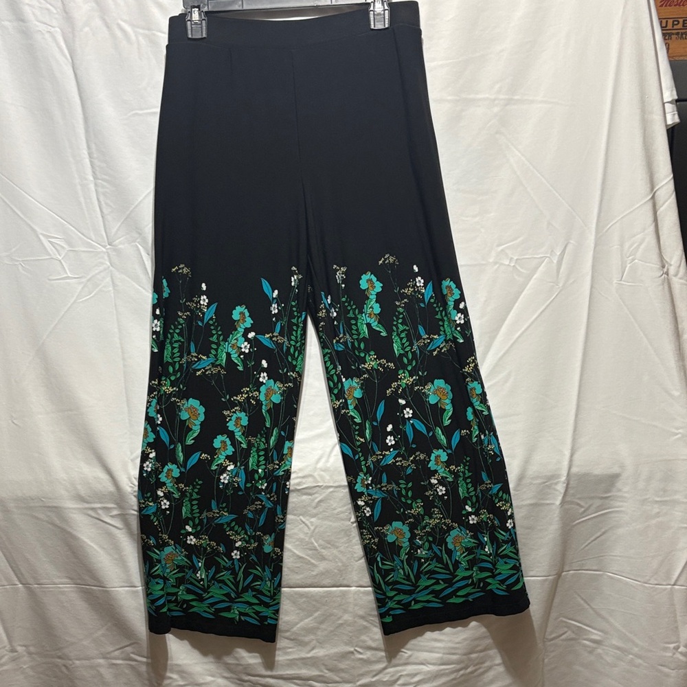 Elegant Black and Green Floral Wide Palazzo Style Women's Pants